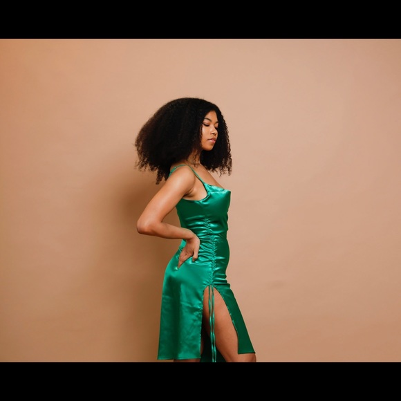 Emerald Satin Mini Dress |Adjustable Straps/Slit Detail/Holiday Party–Size S M L - Picture 10 of 13